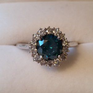 1.70 Ct Enhanced Blue Diamond Ring Halo Size 7 14K White Gold